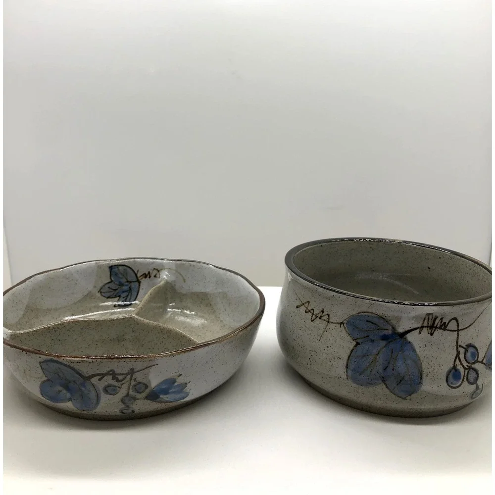 Artisan Stoneware Pottery Set‎ Blue Leaf Speckled Gray Divided Dish & Deep Bowl